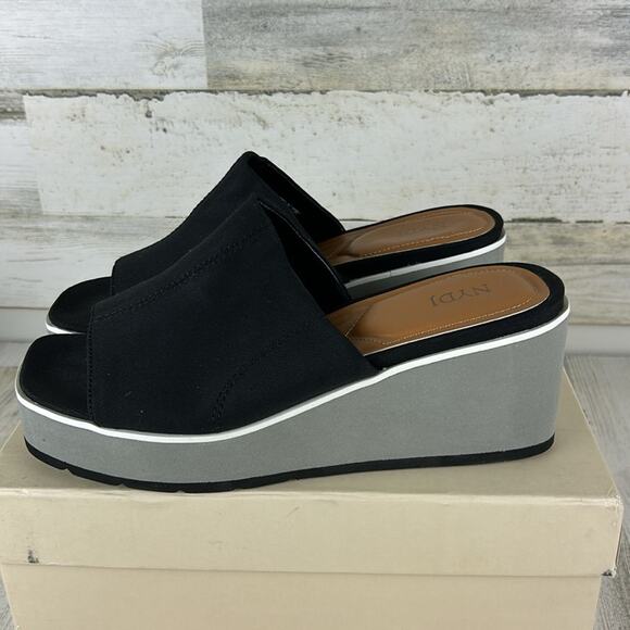 NYDJ Womens 8.5 Rysa Black Canvas Gray Fabric Platform Wedge Sandals Slip-On new - Picture 6 of 10